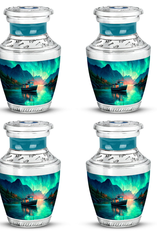 Jewel Teal Boat Cremation Urn back view with polished surface - modern art-inspired boat motif on sleek aluminum - 10 inch aluminum urn for cremated remains