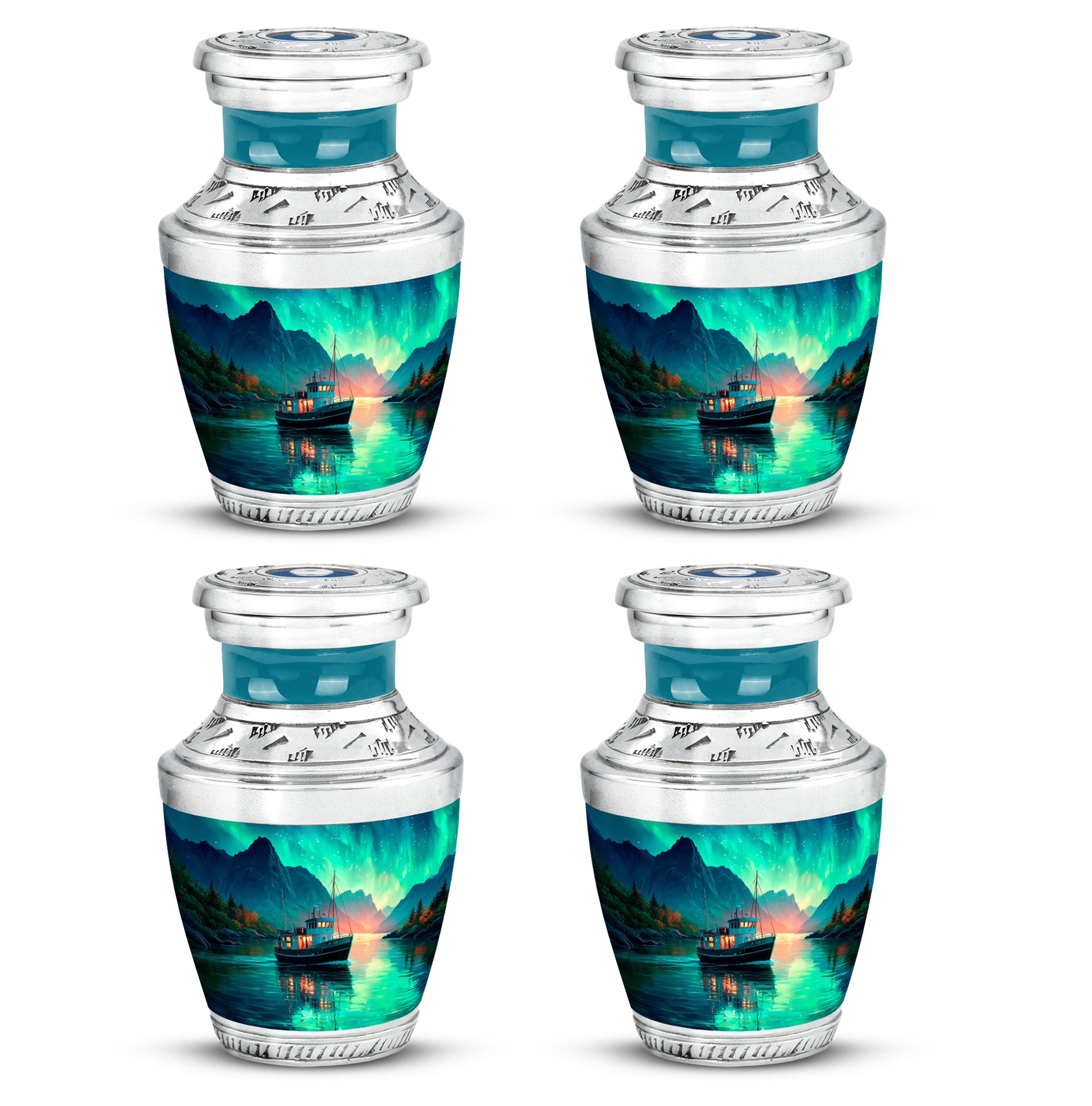 Jewel Teal Boat Cremation Urn back view with polished surface - modern art-inspired boat motif on sleek aluminum - 10 inch aluminum urn for cremated remains