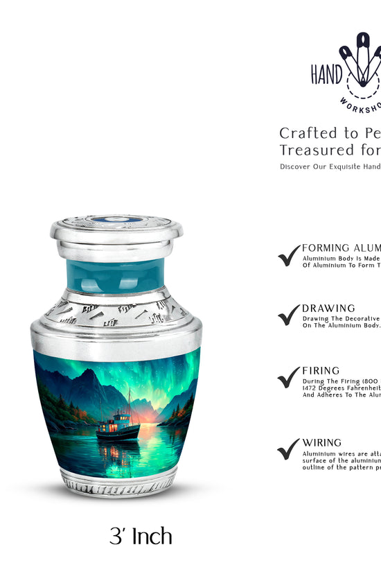 Vivid Teal Boat Cremation Urn top-down view of secure threaded lid - artistic boat interpretation with creative detail - mini keepsake memorial for portion of cremation ashes