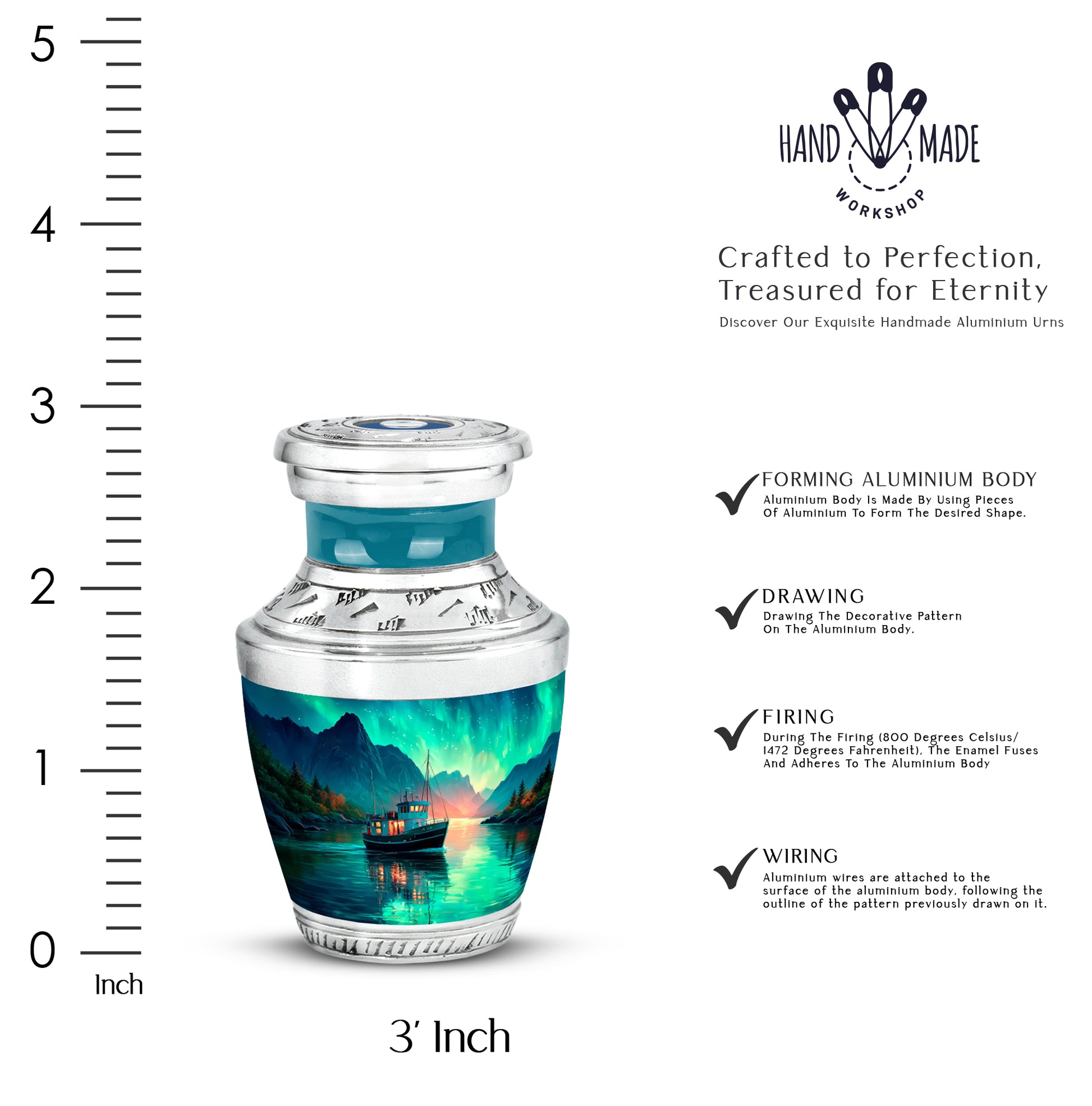 Vivid Teal Boat Cremation Urn top-down view of secure threaded lid - artistic boat interpretation with creative detail - mini keepsake memorial for portion of cremation ashes