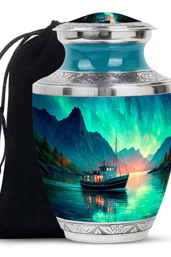 Tropical Teal Boat Cremation Urn side profile showing urn shape - artistic boat interpretation with creative detail - full-size 10 inch 200 cubic inch adult cremation urn