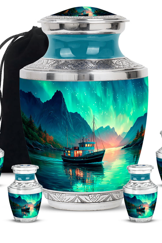 Soft Teal Boat Cremation Urn lifestyle display on memorial shelf - modern art-inspired boat motif on sleek aluminum - memorial set with one large and four small urns