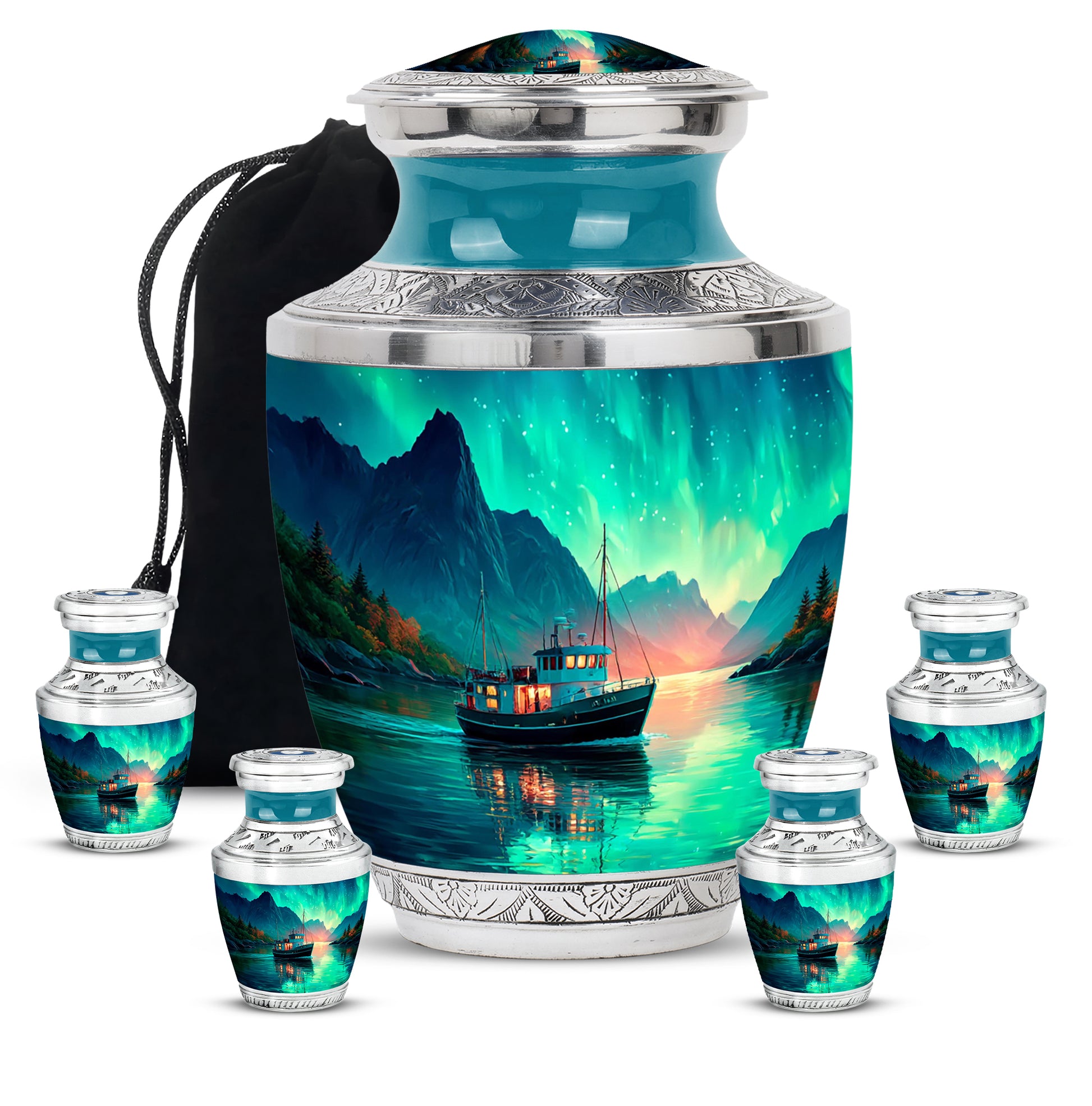 Soft Teal Boat Cremation Urn lifestyle display on memorial shelf - modern art-inspired boat motif on sleek aluminum - memorial set with one large and four small urns