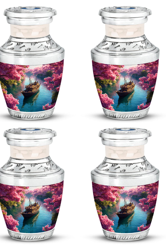 Salmon Pink Boat Cremation Urn back view with polished surface - stylized abstract boat pattern with bold lines - 10 inch aluminum urn for cremated remains