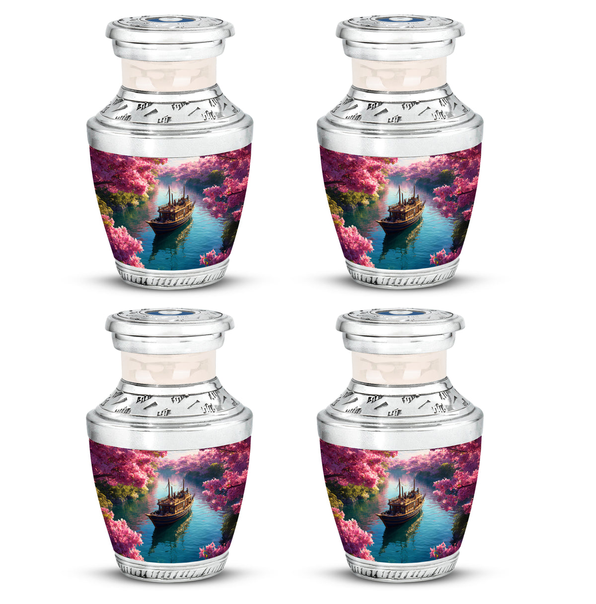 Salmon Pink Boat Cremation Urn back view with polished surface - stylized abstract boat pattern with bold lines - 10 inch aluminum urn for cremated remains