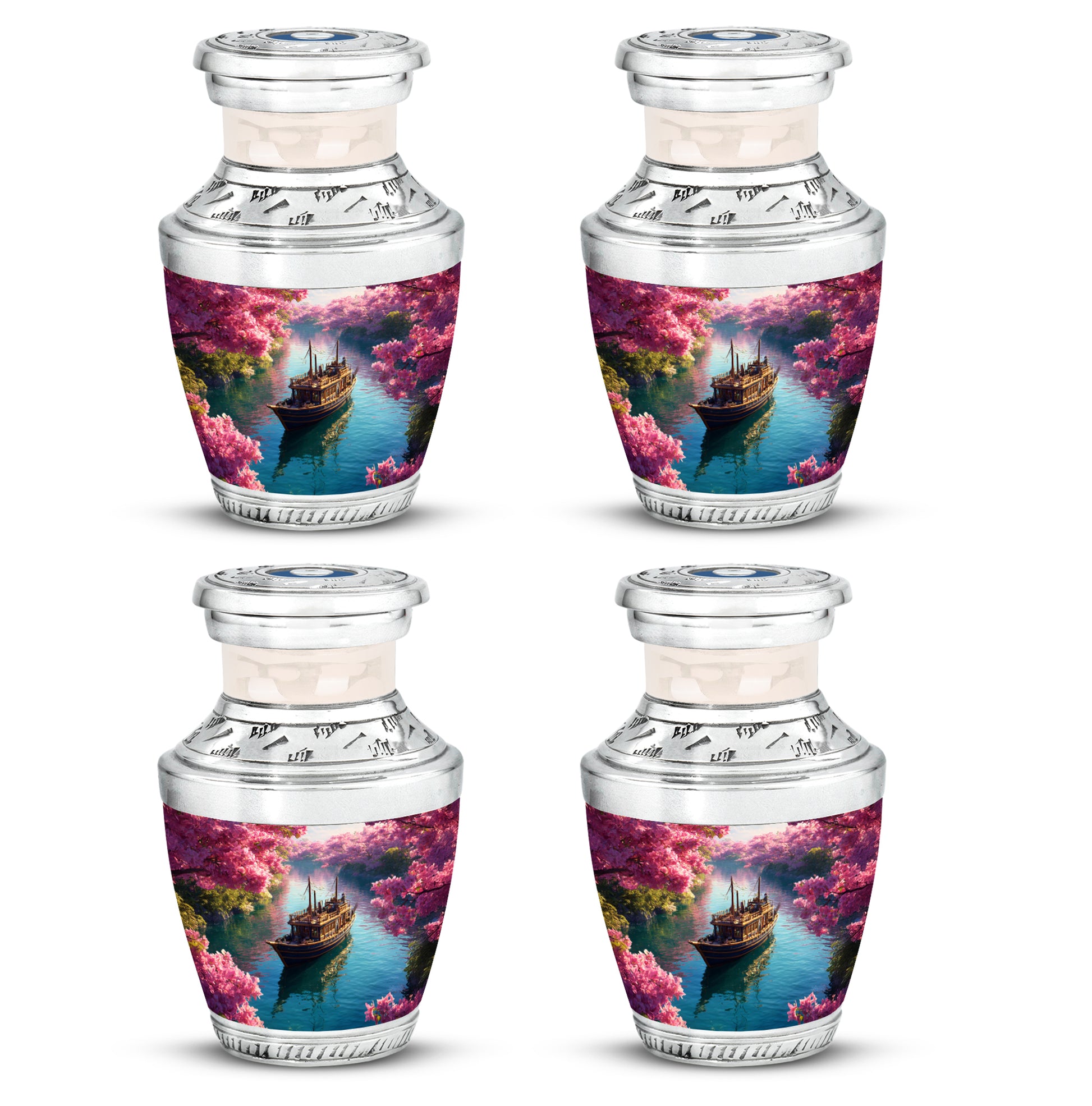 Salmon Pink Boat Cremation Urn back view with polished surface - stylized abstract boat pattern with bold lines - 10 inch aluminum urn for cremated remains