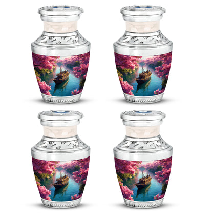 Salmon Pink Boat Cremation Urn back view with polished surface - stylized abstract boat pattern with bold lines - 10 inch aluminum urn for cremated remains