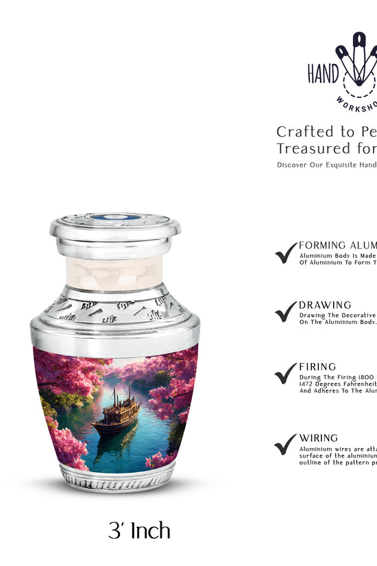 Rose Pink Boat Cremation Urn top-down view of secure threaded lid - modern art-inspired boat motif on sleek aluminum - mini keepsake memorial for portion of cremation ashes