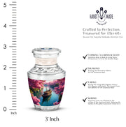 Rose Pink Boat Cremation Urn top-down view of secure threaded lid - modern art-inspired boat motif on sleek aluminum - mini keepsake memorial for portion of cremation ashes