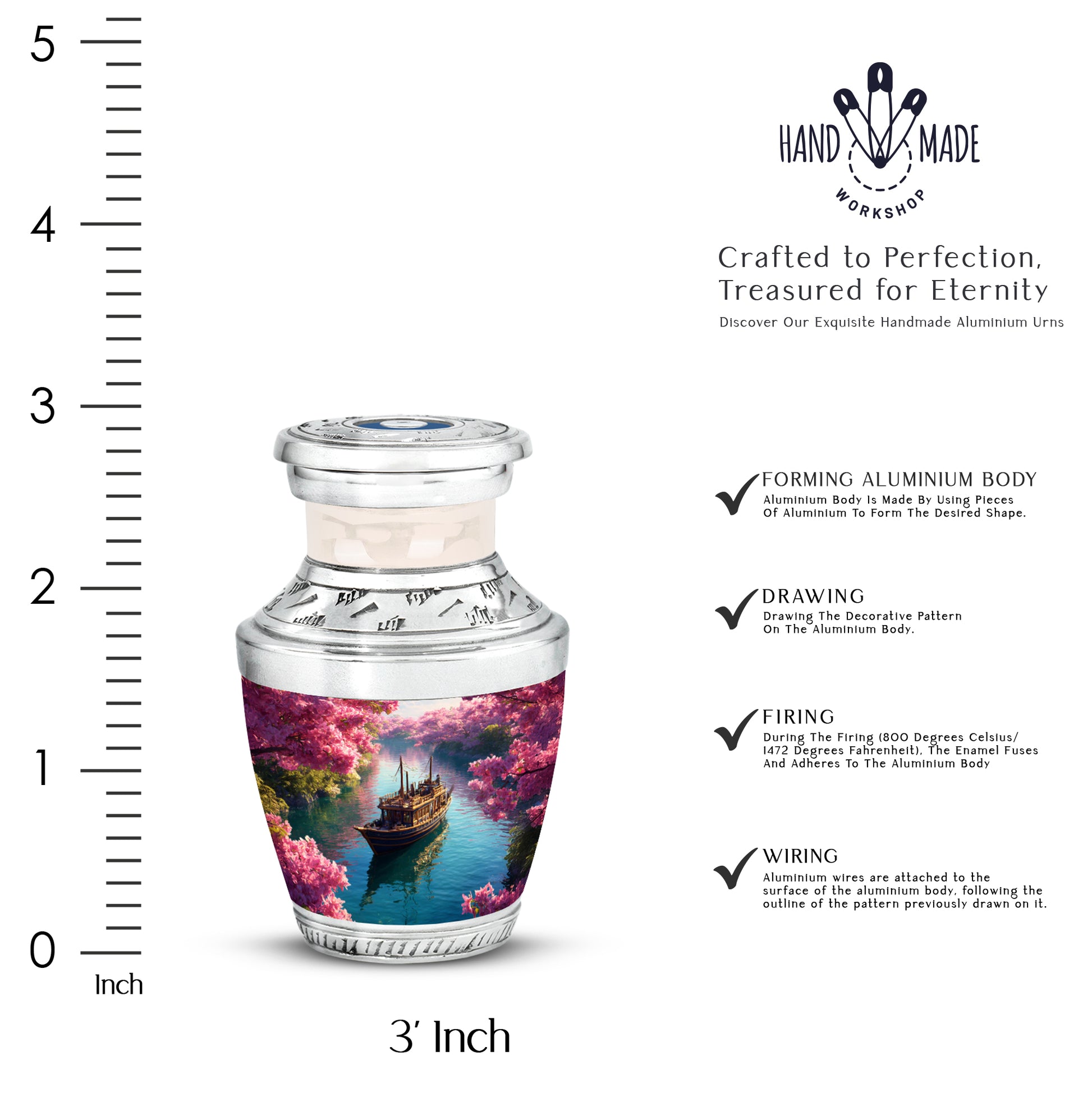 Rose Pink Boat Cremation Urn top-down view of secure threaded lid - modern art-inspired boat motif on sleek aluminum - mini keepsake memorial for portion of cremation ashes