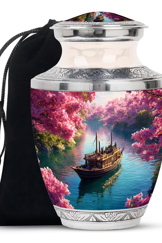 Blush Pink Boat Cremation Urn side profile showing urn shape - modern art-inspired boat motif on sleek aluminum - full-size 10 inch 200 cubic inch adult cremation urn