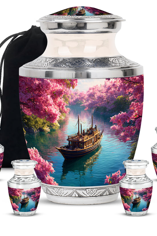 Vintage Pink Boat Cremation Urn lifestyle display on memorial shelf - artistic boat interpretation with creative detail - memorial set with one large and four small urns