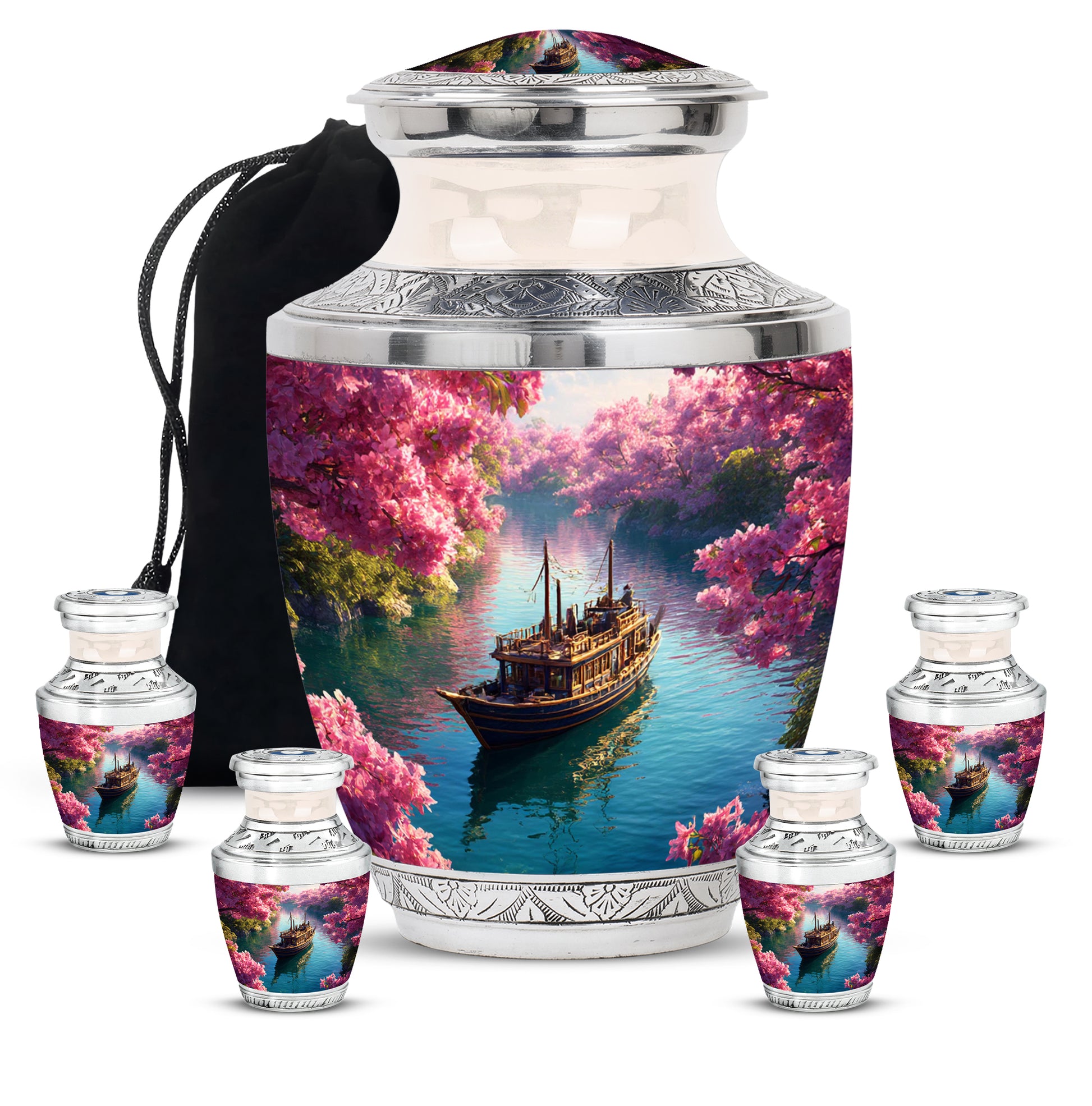 Vintage Pink Boat Cremation Urn lifestyle display on memorial shelf - artistic boat interpretation with creative detail - memorial set with one large and four small urns