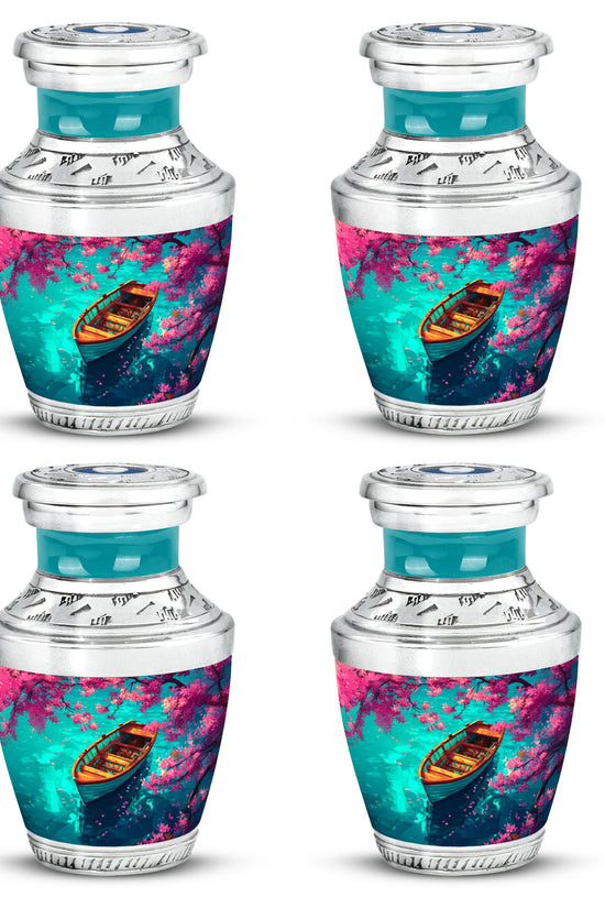 Mystic Teal Boat Cremation Urn back view with polished surface - stylized abstract boat pattern with bold lines - 10 inch aluminum urn for cremated remains