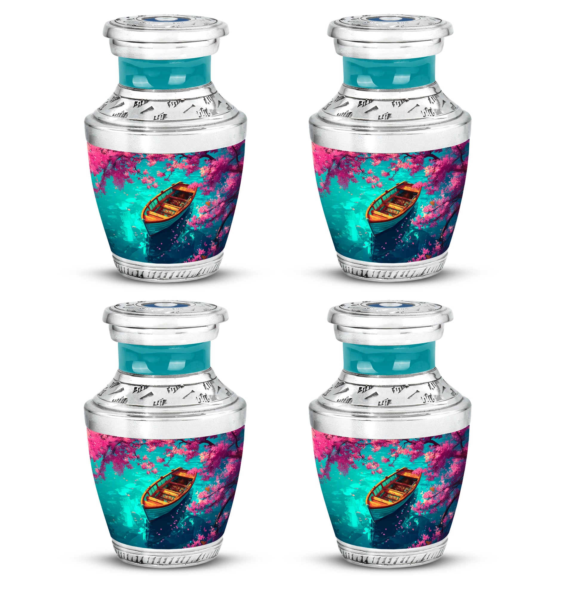 Mystic Teal Boat Cremation Urn back view with polished surface - stylized abstract boat pattern with bold lines - 10 inch aluminum urn for cremated remains