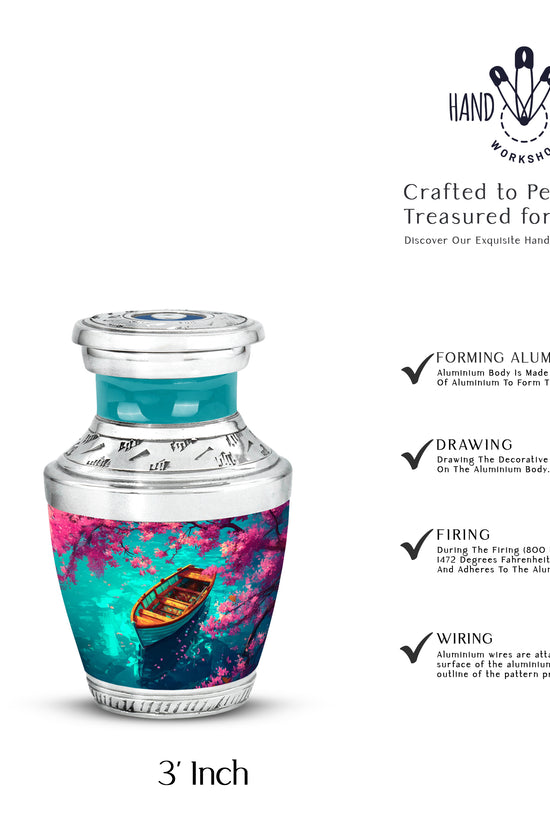 Aqua Teal Boat Cremation Urn top-down view of secure threaded lid - stylized abstract boat pattern with bold lines - mini keepsake memorial for portion of cremation ashes