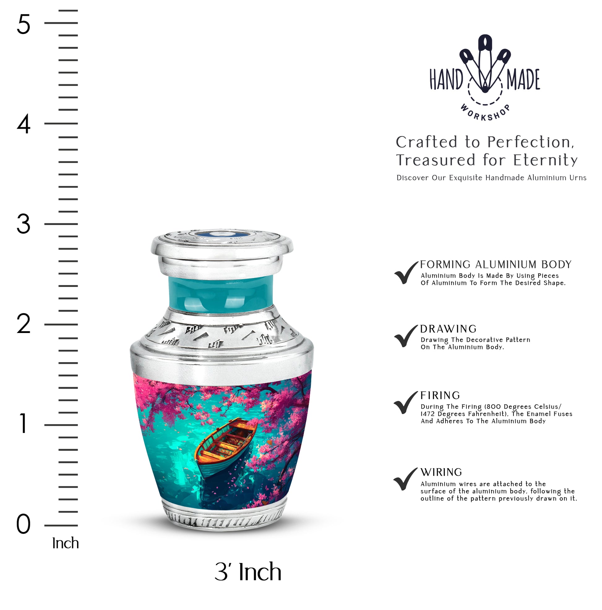 Aqua Teal Boat Cremation Urn top-down view of secure threaded lid - stylized abstract boat pattern with bold lines - mini keepsake memorial for portion of cremation ashes