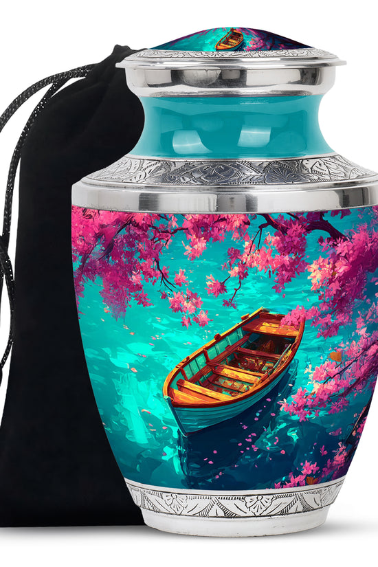 Cool Teal Boat Cremation Urn side profile showing urn shape - contemporary boat design with modern artistic flair - full-size 10 inch 200 cubic inch adult cremation urn