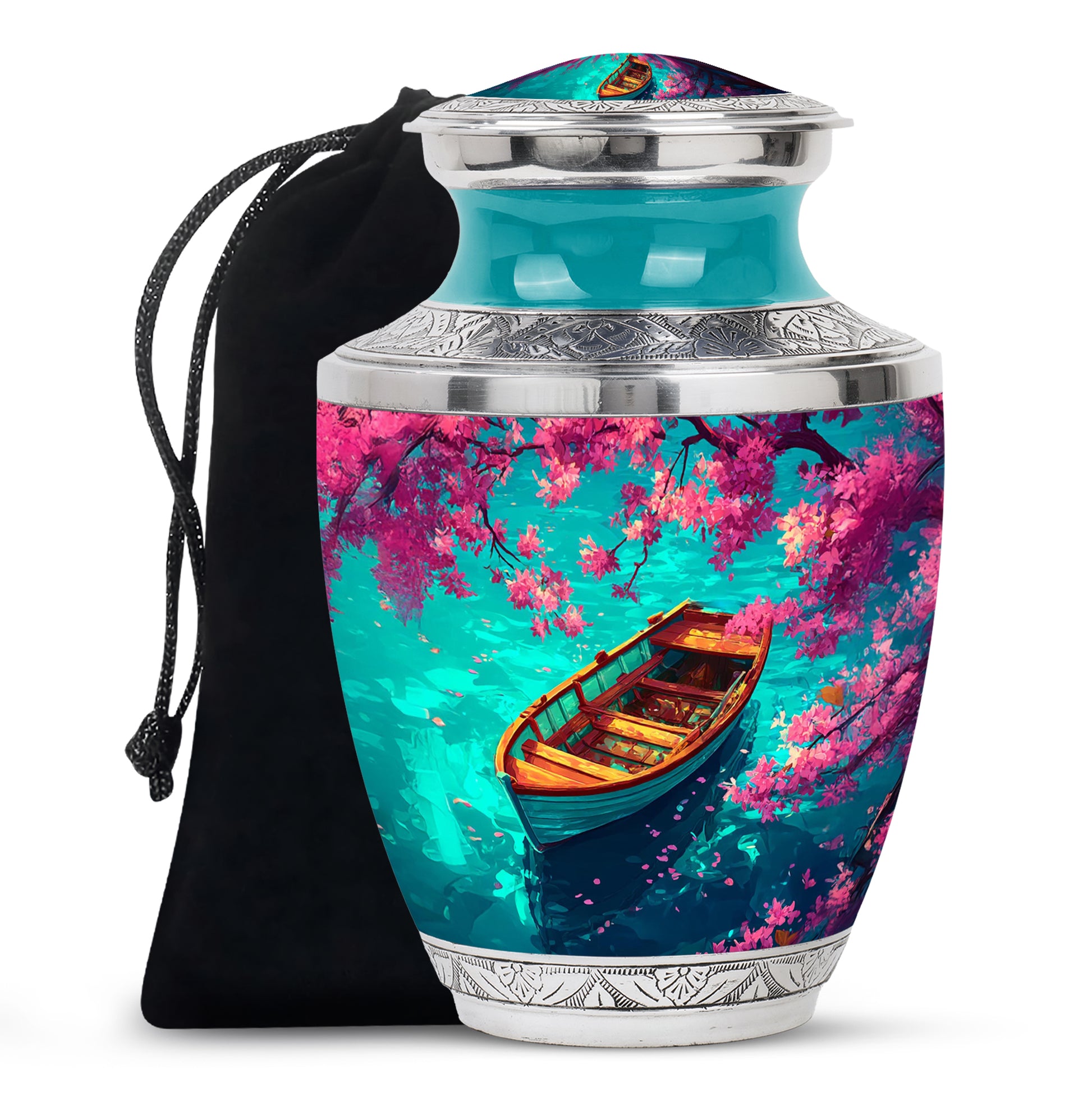 Cool Teal Boat Cremation Urn side profile showing urn shape - contemporary boat design with modern artistic flair - full-size 10 inch 200 cubic inch adult cremation urn