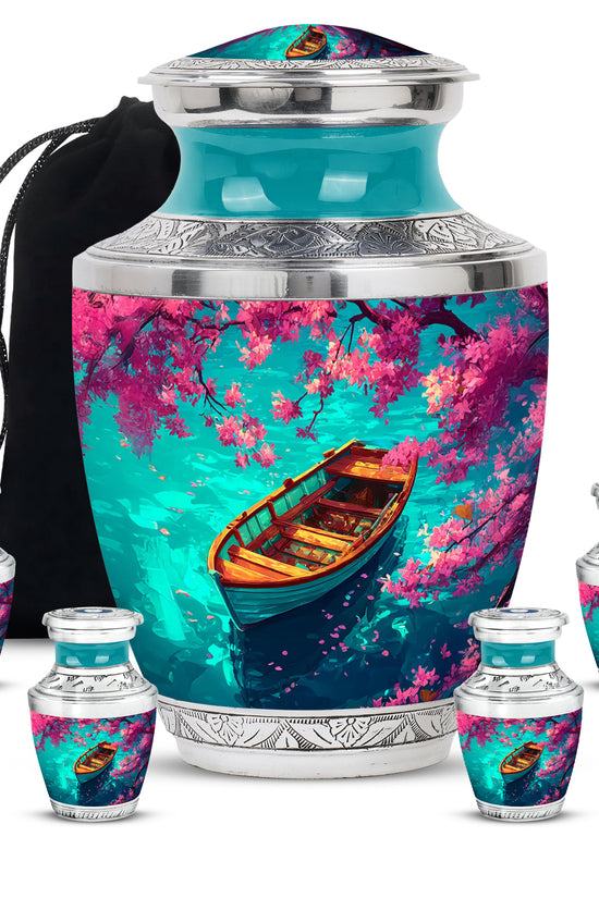 Vivid Teal Boat Cremation Urn lifestyle display on memorial shelf - artistic boat interpretation with creative detail - memorial set with one large and four small urns