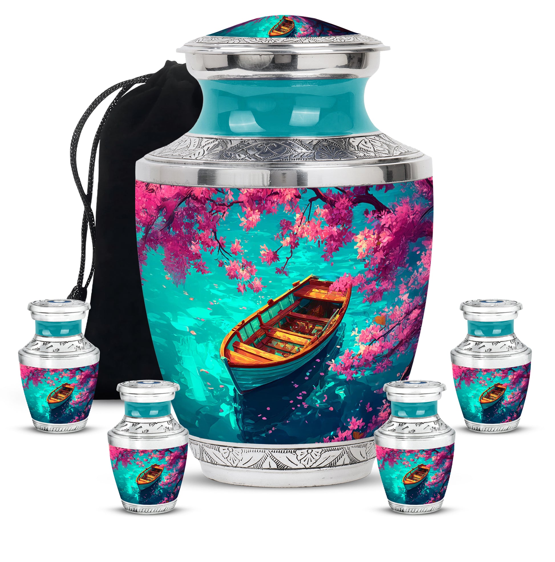 Vivid Teal Boat Cremation Urn lifestyle display on memorial shelf - artistic boat interpretation with creative detail - memorial set with one large and four small urns