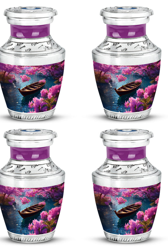 Indigo Boat Cremation Urn back view with polished surface - modern art-inspired boat motif on sleek aluminum - 10 inch aluminum urn for cremated remains