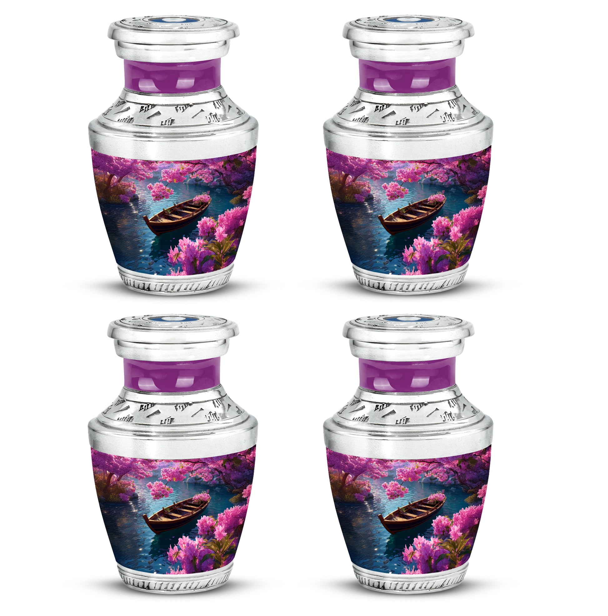 Indigo Boat Cremation Urn back view with polished surface - modern art-inspired boat motif on sleek aluminum - 10 inch aluminum urn for cremated remains