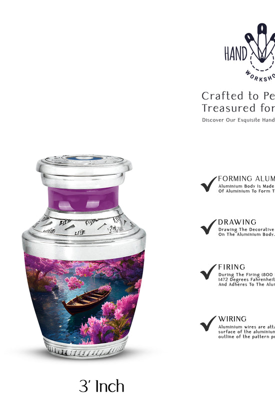 Cornflower Blue Boat Cremation Urn top-down view of secure threaded lid - artistic boat interpretation with creative detail - mini keepsake memorial for portion of cremation ashes