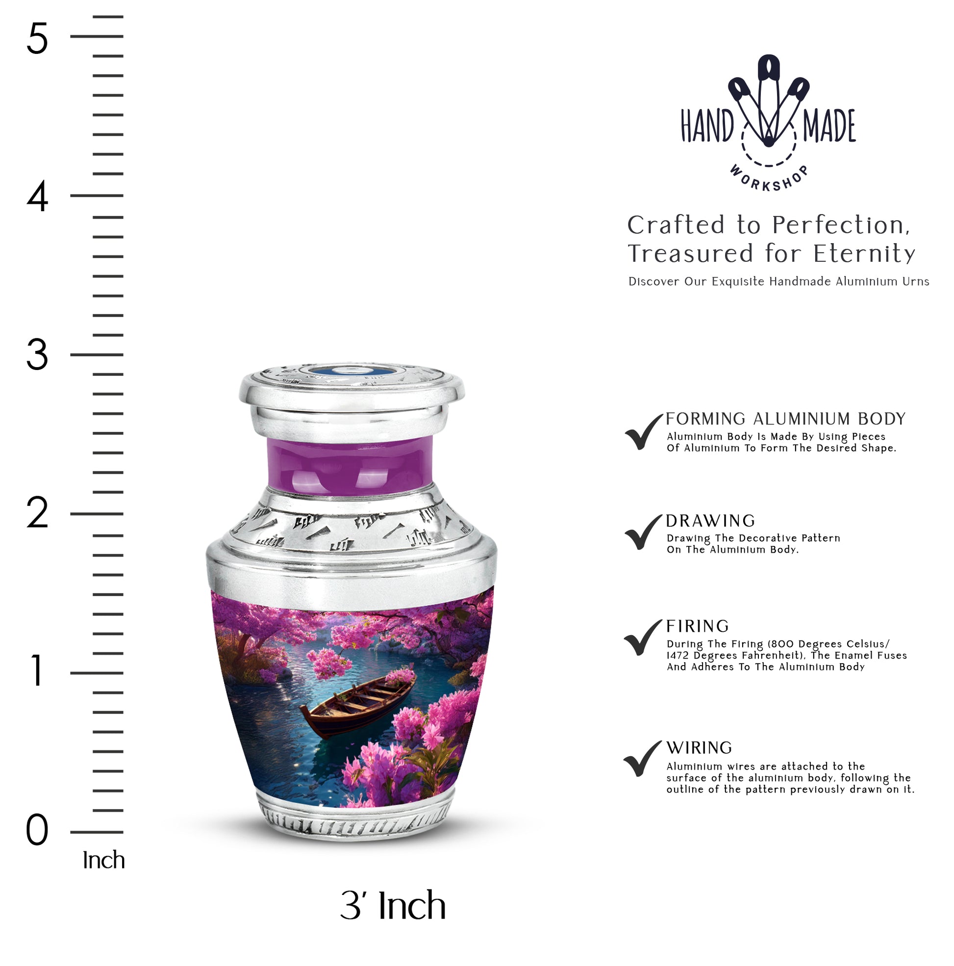 Cornflower Blue Boat Cremation Urn top-down view of secure threaded lid - artistic boat interpretation with creative detail - mini keepsake memorial for portion of cremation ashes