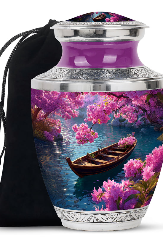 Steel Blue Boat Cremation Urn side profile showing urn shape - artistic boat interpretation with creative detail - full-size 10 inch 200 cubic inch adult cremation urn