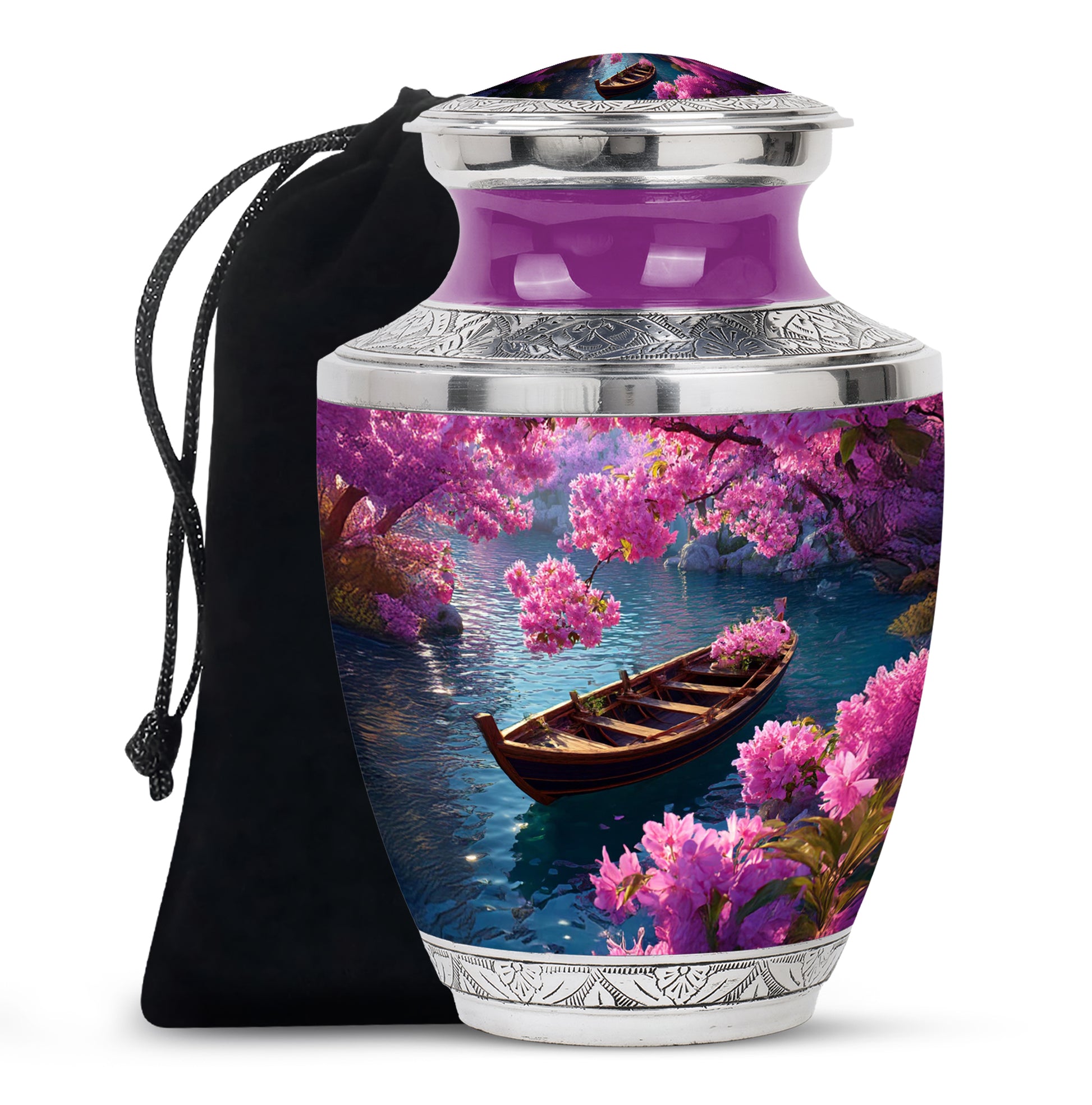 Steel Blue Boat Cremation Urn side profile showing urn shape - artistic boat interpretation with creative detail - full-size 10 inch 200 cubic inch adult cremation urn