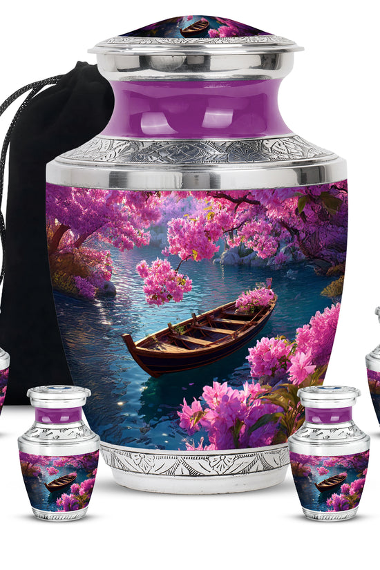 Pastel Blue Boat Cremation Urn lifestyle display on memorial shelf - contemporary boat design with modern artistic flair - memorial set with one large and four small urns