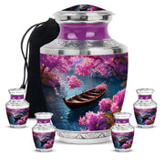 Pastel Blue Boat Cremation Urn lifestyle display on memorial shelf - contemporary boat design with modern artistic flair - memorial set with one large and four small urns