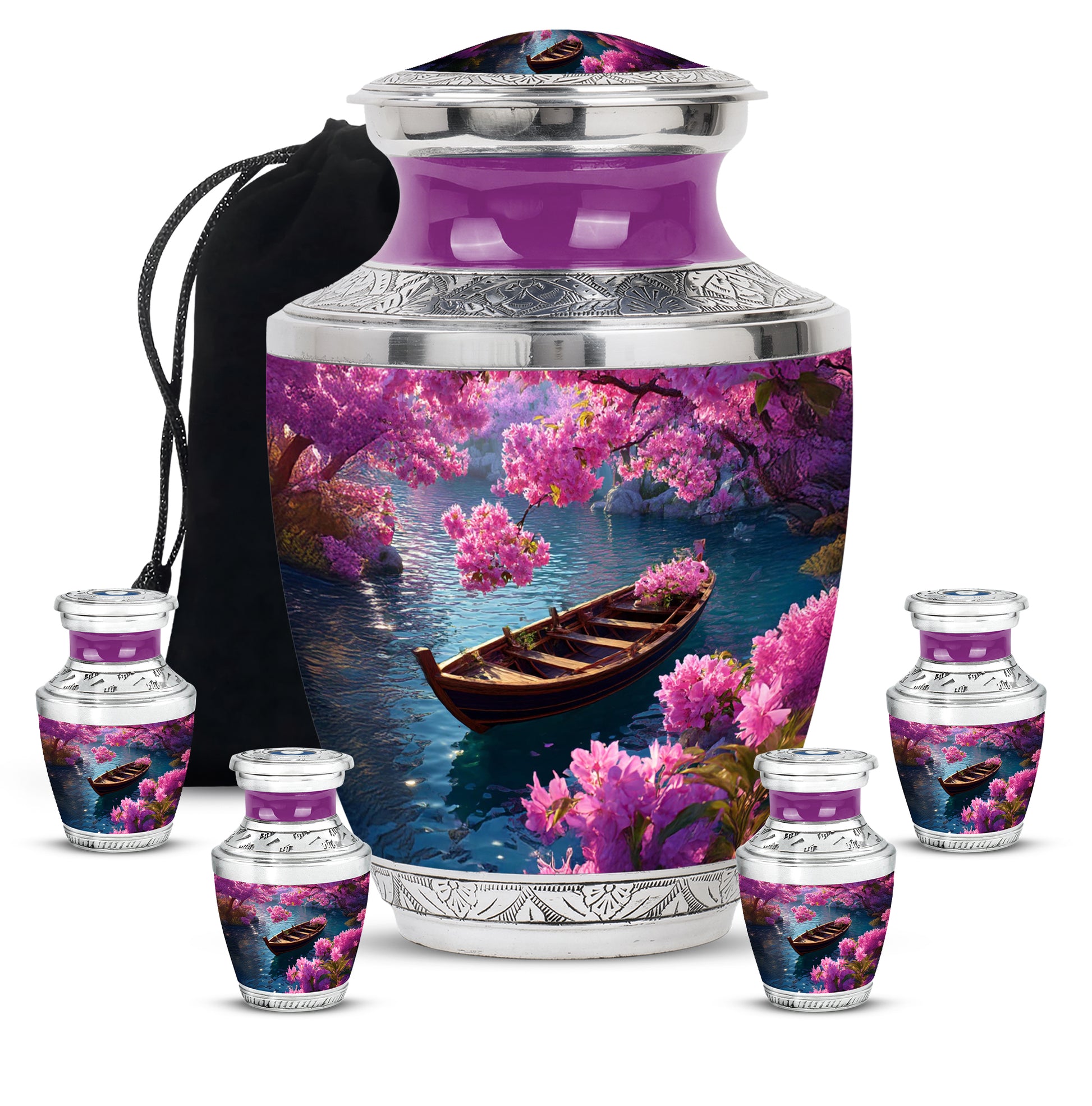 Pastel Blue Boat Cremation Urn lifestyle display on memorial shelf - contemporary boat design with modern artistic flair - memorial set with one large and four small urns