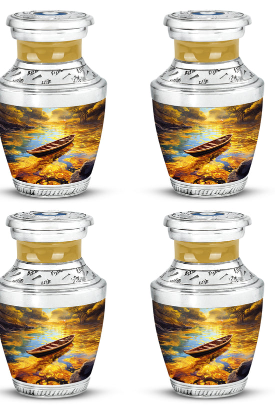 Royal Gold Boat Cremation Urn back view with polished surface - artistic boat interpretation with creative detail - 10 inch aluminum urn for cremated remains