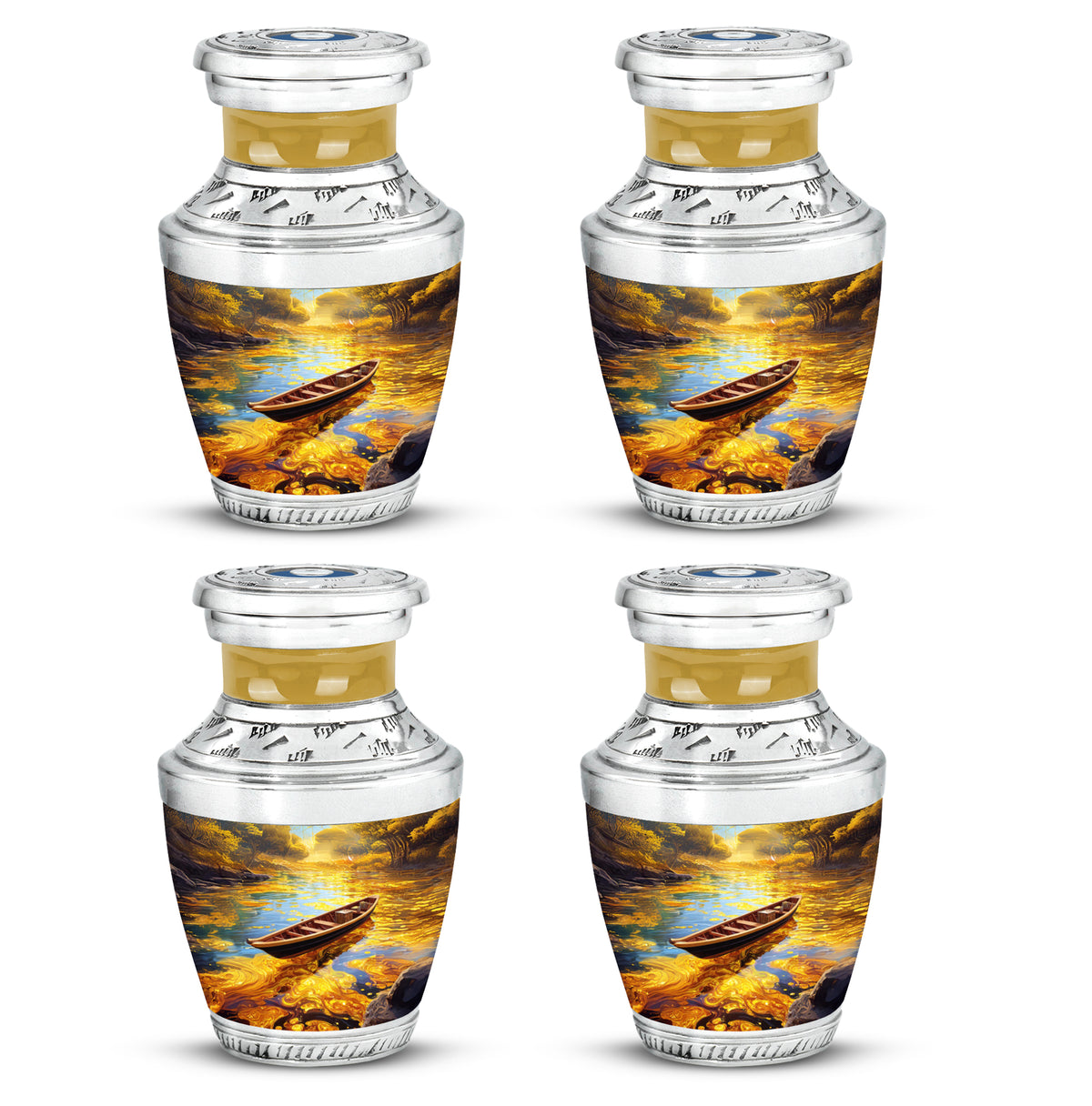 Royal Gold Boat Cremation Urn back view with polished surface - artistic boat interpretation with creative detail - 10 inch aluminum urn for cremated remains