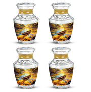 Royal Gold Boat Cremation Urn back view with polished surface - artistic boat interpretation with creative detail - 10 inch aluminum urn for cremated remains