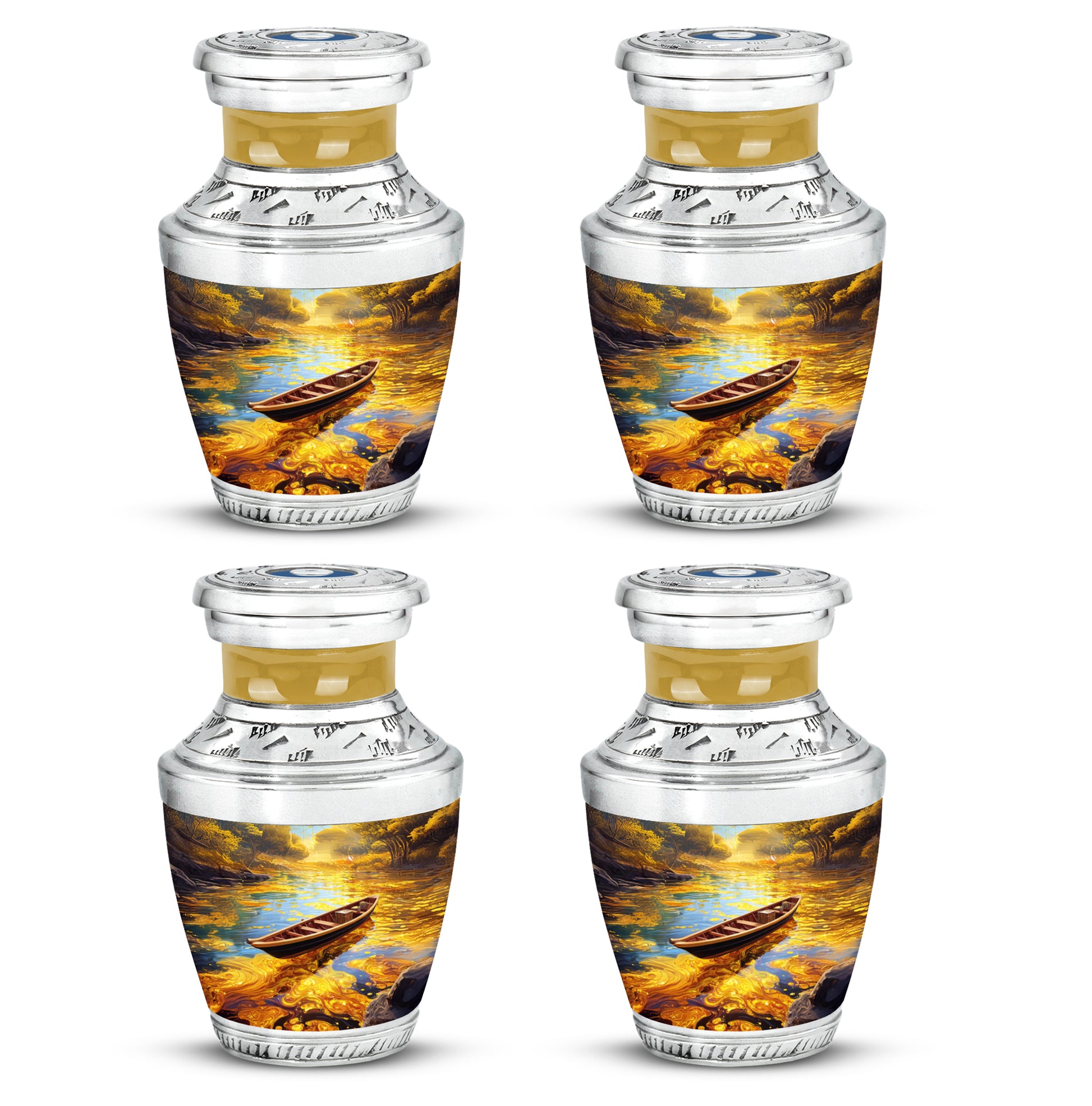 Royal Gold Boat Cremation Urn back view with polished surface - artistic boat interpretation with creative detail - 10 inch aluminum urn for cremated remains