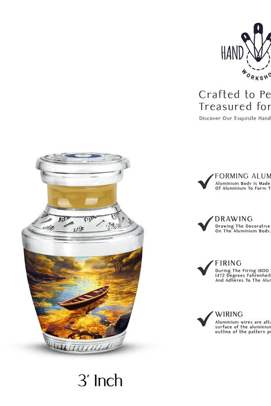 Amber Gold Boat Cremation Urn top-down view of secure threaded lid - modern art-inspired boat motif on sleek aluminum - mini keepsake memorial for portion of cremation ashes