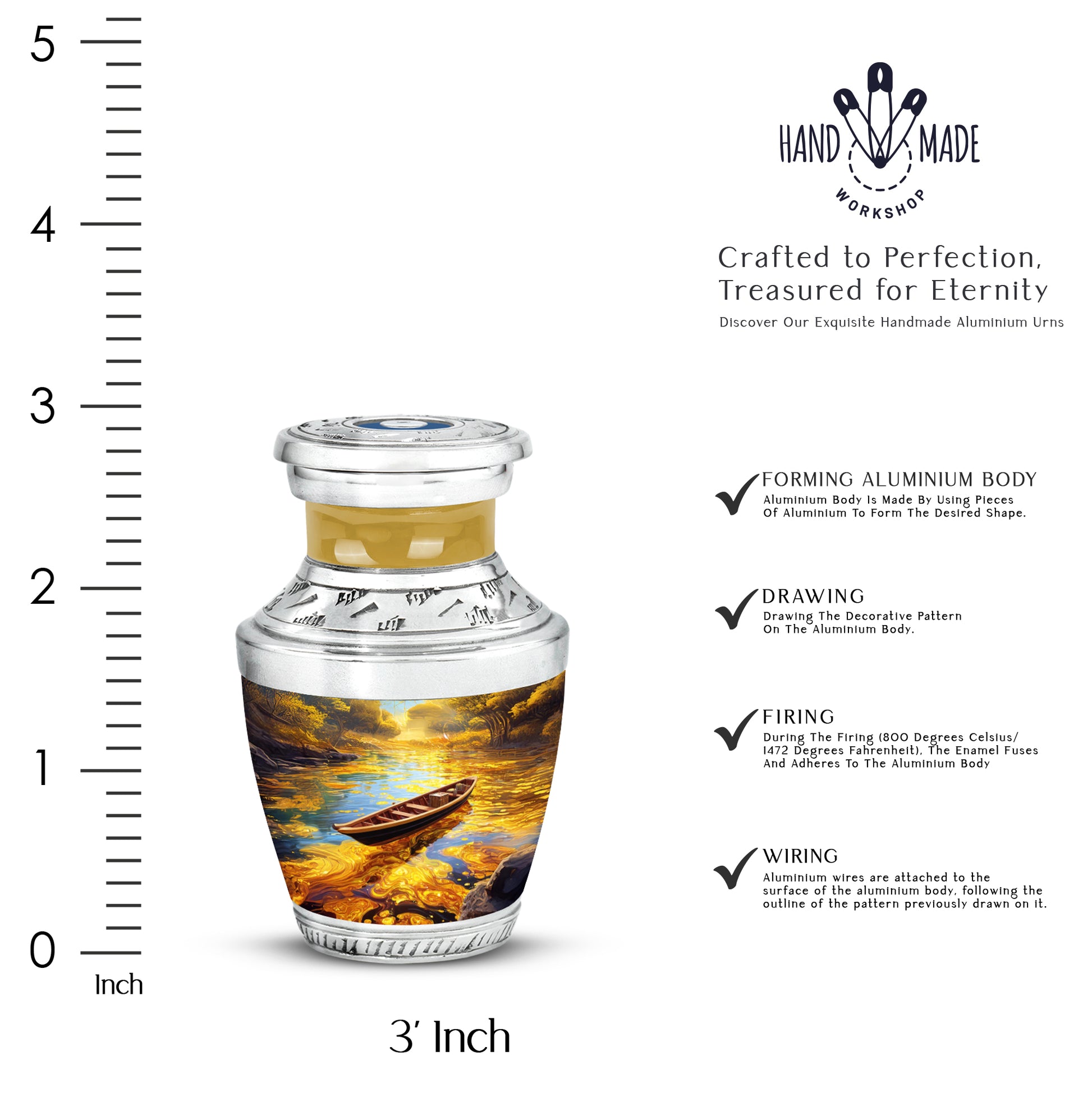 Amber Gold Boat Cremation Urn top-down view of secure threaded lid - modern art-inspired boat motif on sleek aluminum - mini keepsake memorial for portion of cremation ashes