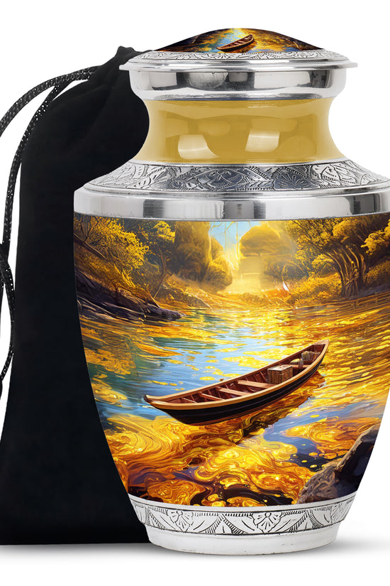 Harvest Gold Boat Cremation Urn side profile showing urn shape - stylized abstract boat pattern with bold lines - full-size 10 inch 200 cubic inch adult cremation urn