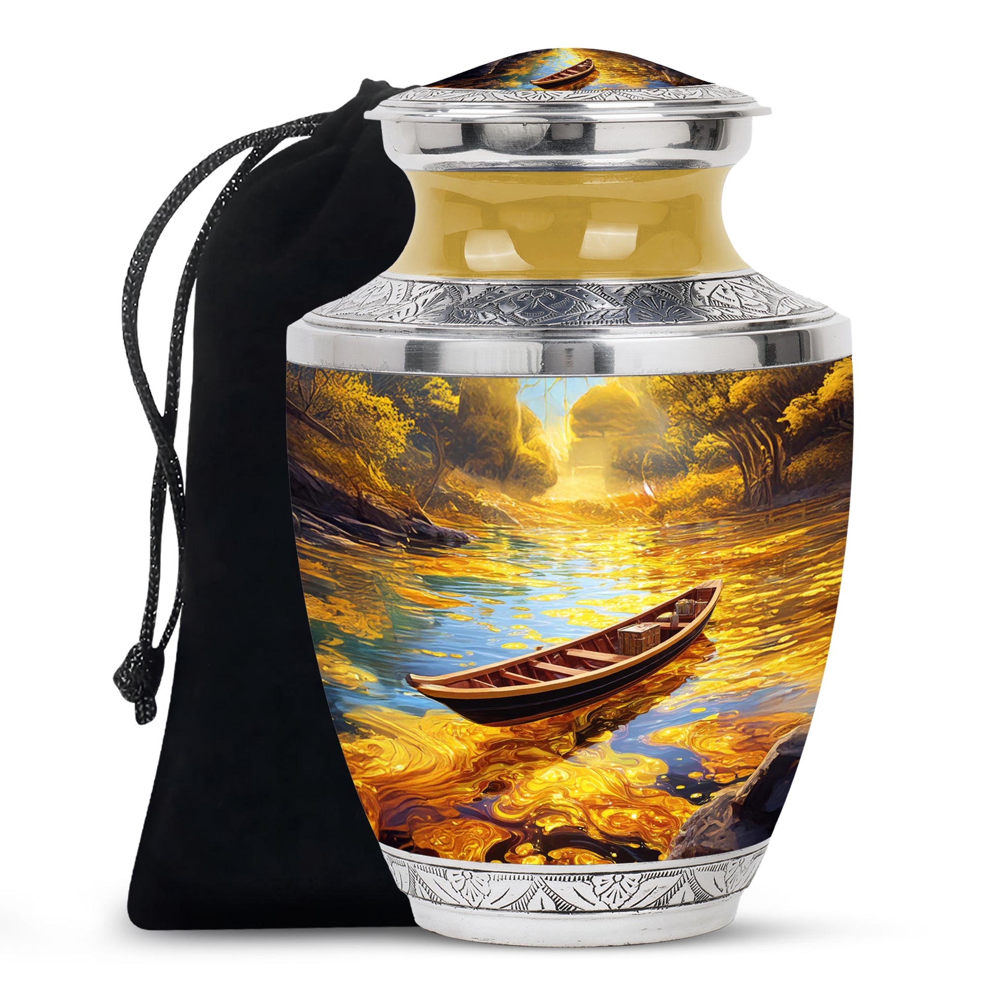 Harvest Gold Boat Cremation Urn side profile showing urn shape - stylized abstract boat pattern with bold lines - full-size 10 inch 200 cubic inch adult cremation urn