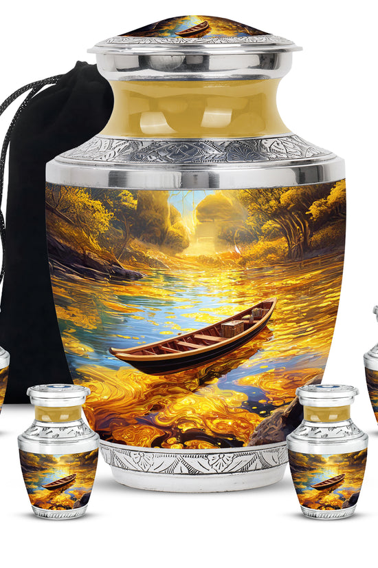 Burnished Gold Boat Cremation Urn lifestyle display on memorial shelf - stylized abstract boat pattern with bold lines - memorial set with one large and four small urns