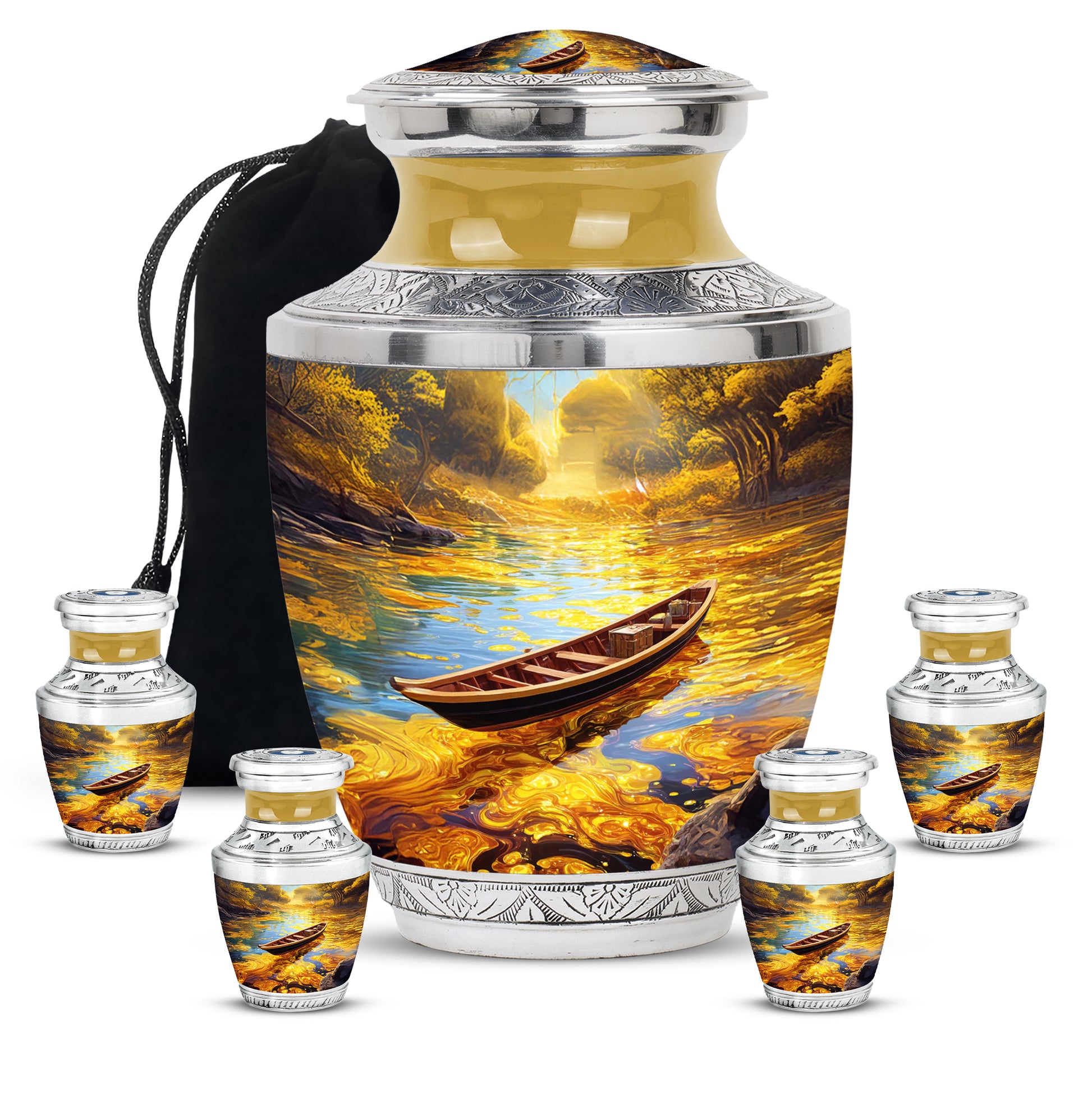 Burnished Gold Boat Cremation Urn lifestyle display on memorial shelf - stylized abstract boat pattern with bold lines - memorial set with one large and four small urns