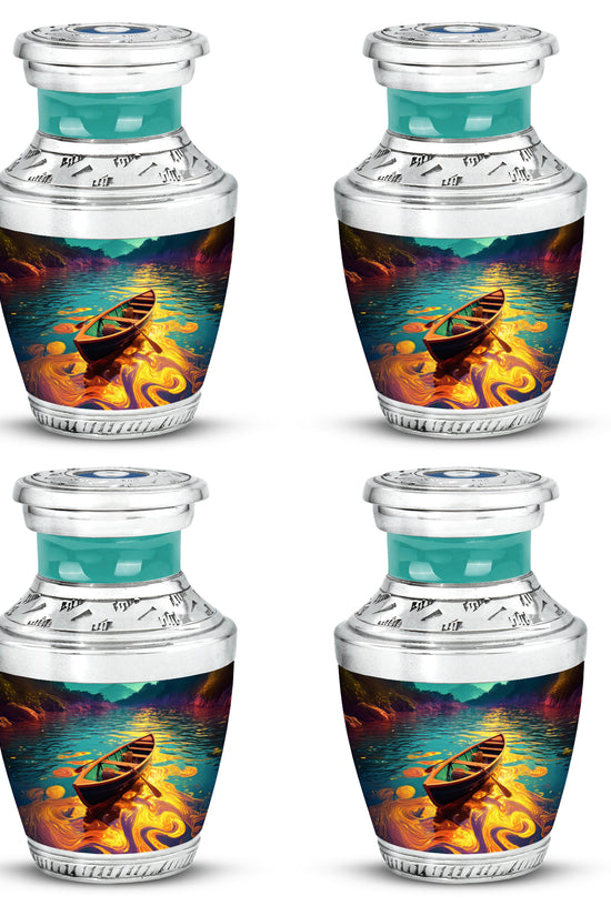 Tropical Teal Boat Cremation Urn back view with polished surface - stylized abstract boat pattern with bold lines - 10 inch aluminum urn for cremated remains