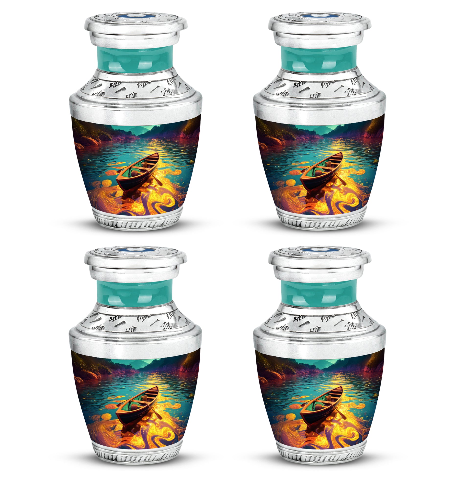 Tropical Teal Boat Cremation Urn back view with polished surface - stylized abstract boat pattern with bold lines - 10 inch aluminum urn for cremated remains