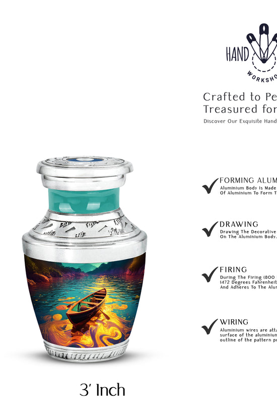 Sea Green Teal Boat Cremation Urn top-down view of secure threaded lid - contemporary boat design with modern artistic flair - mini keepsake memorial for portion of cremation ashes