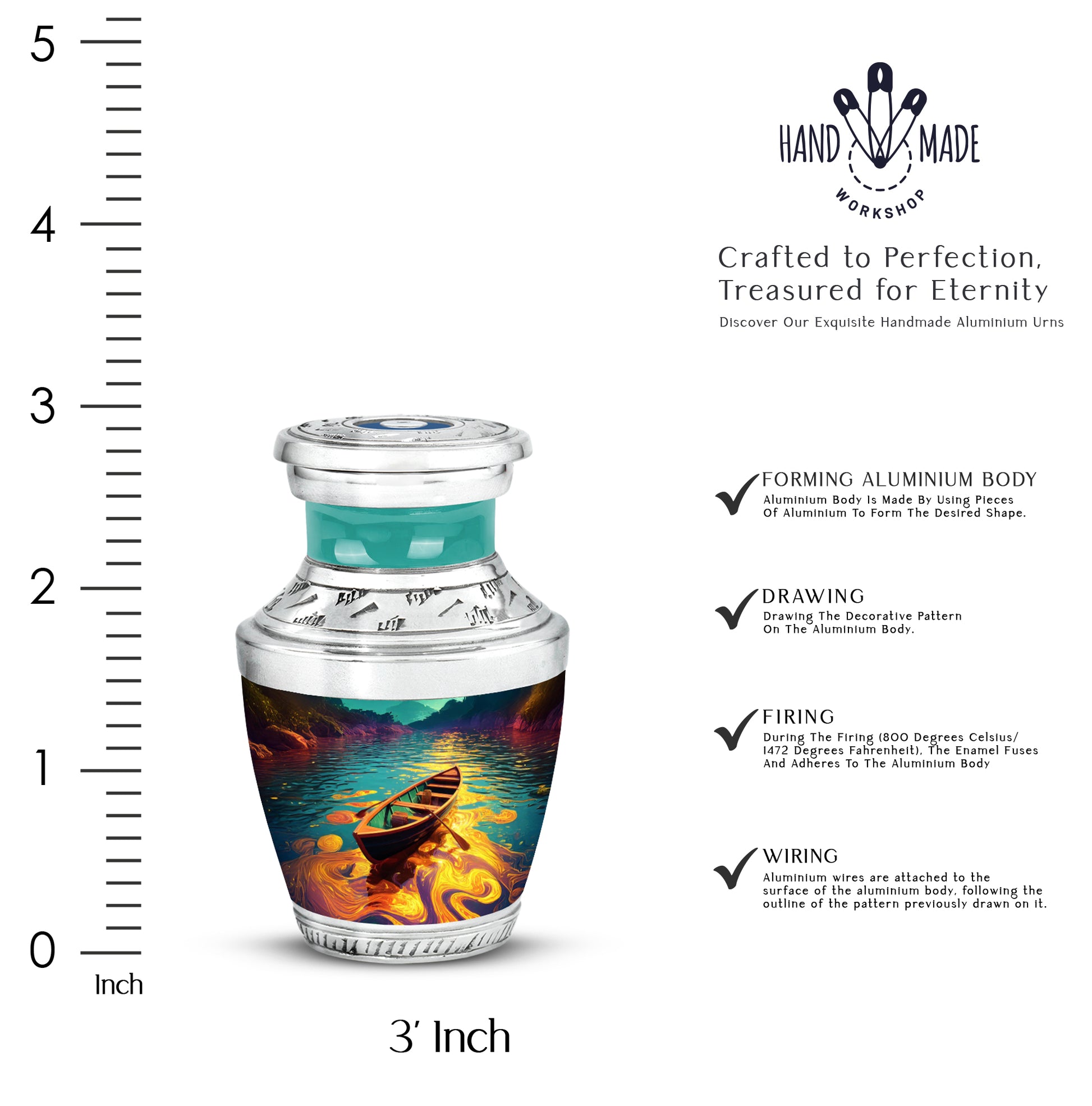 Sea Green Teal Boat Cremation Urn top-down view of secure threaded lid - contemporary boat design with modern artistic flair - mini keepsake memorial for portion of cremation ashes