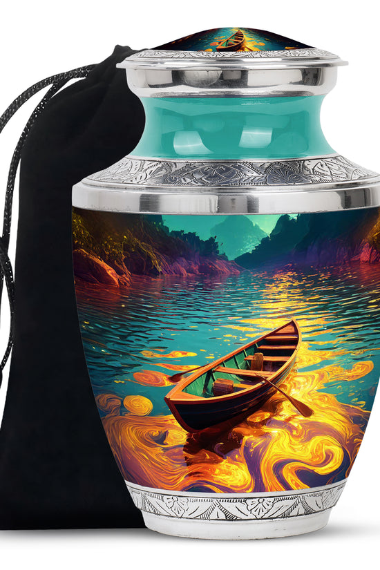 Soft Teal Boat Cremation Urn side profile showing urn shape - modern art-inspired boat motif on sleek aluminum - full-size 10 inch 200 cubic inch adult cremation urn