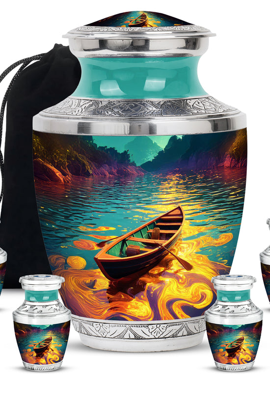 Tropical Teal Boat Cremation Urn lifestyle display on memorial shelf - artistic boat interpretation with creative detail - memorial set with one large and four small urns